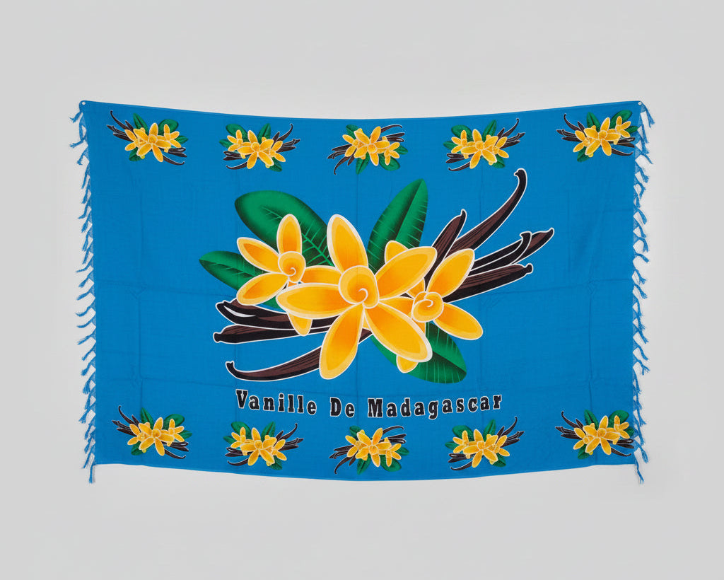 Paréo Lambahoany – Vanille, fond bleu | Tissu malgache 100% coton