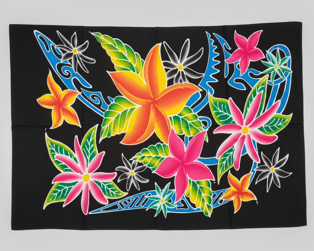 Paréo Lambahoany – Fleurs colorées, fond noir | Tissu malgache 100% coton